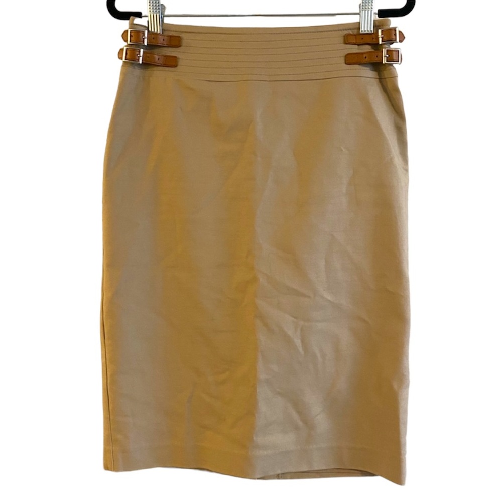 Le Chateau Tan Pencil Skirt, Camel Brown Side Buckles, Size 4, NWOT
